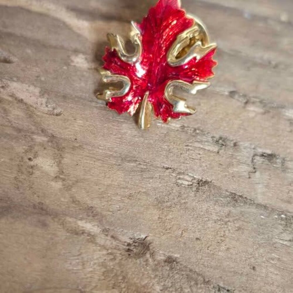 vintage red enamel maple leaf brooch - Picture 3 of 5